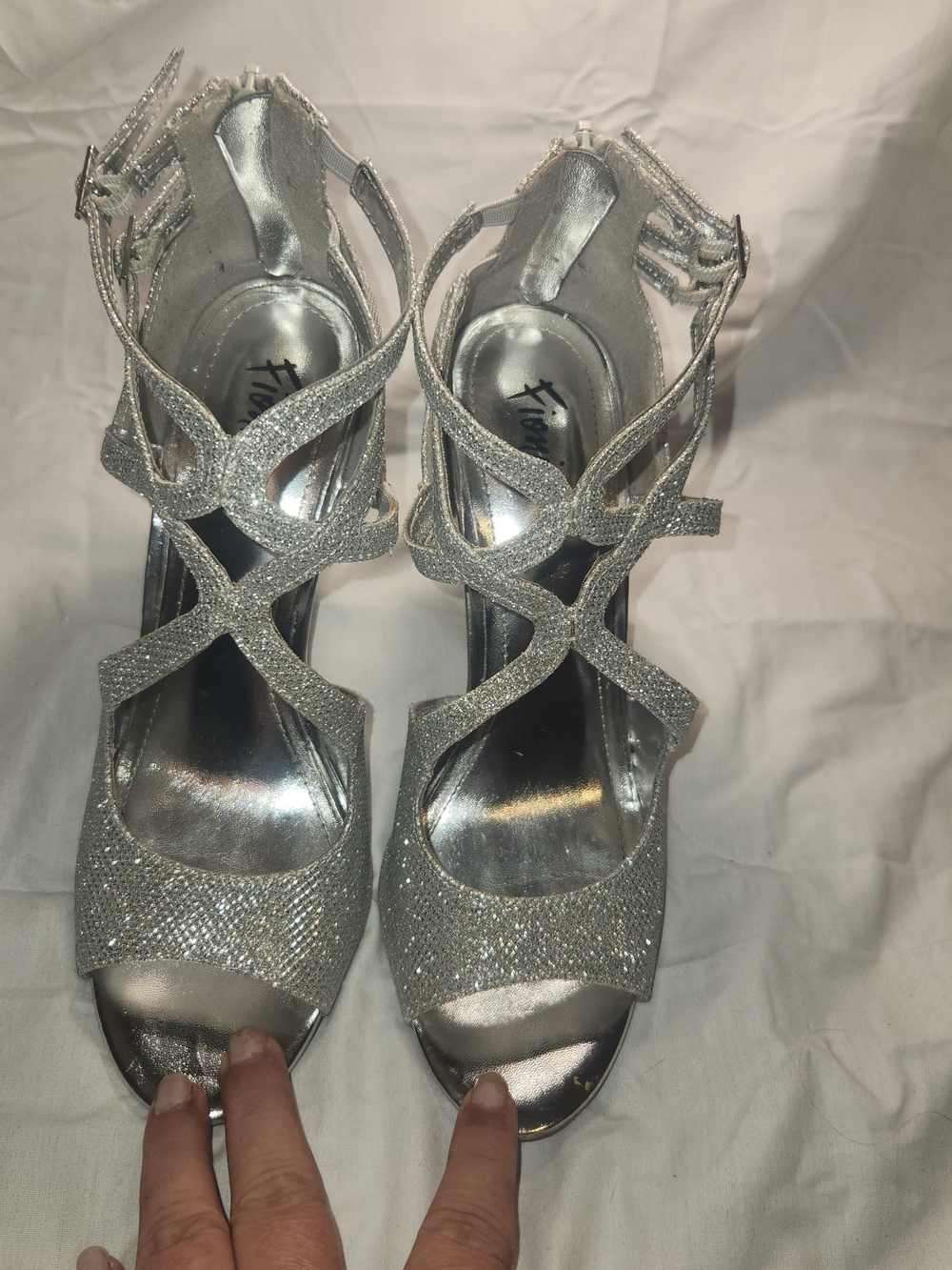 FIONI Clothing Silver Glitter Crisscross Heels 8.5